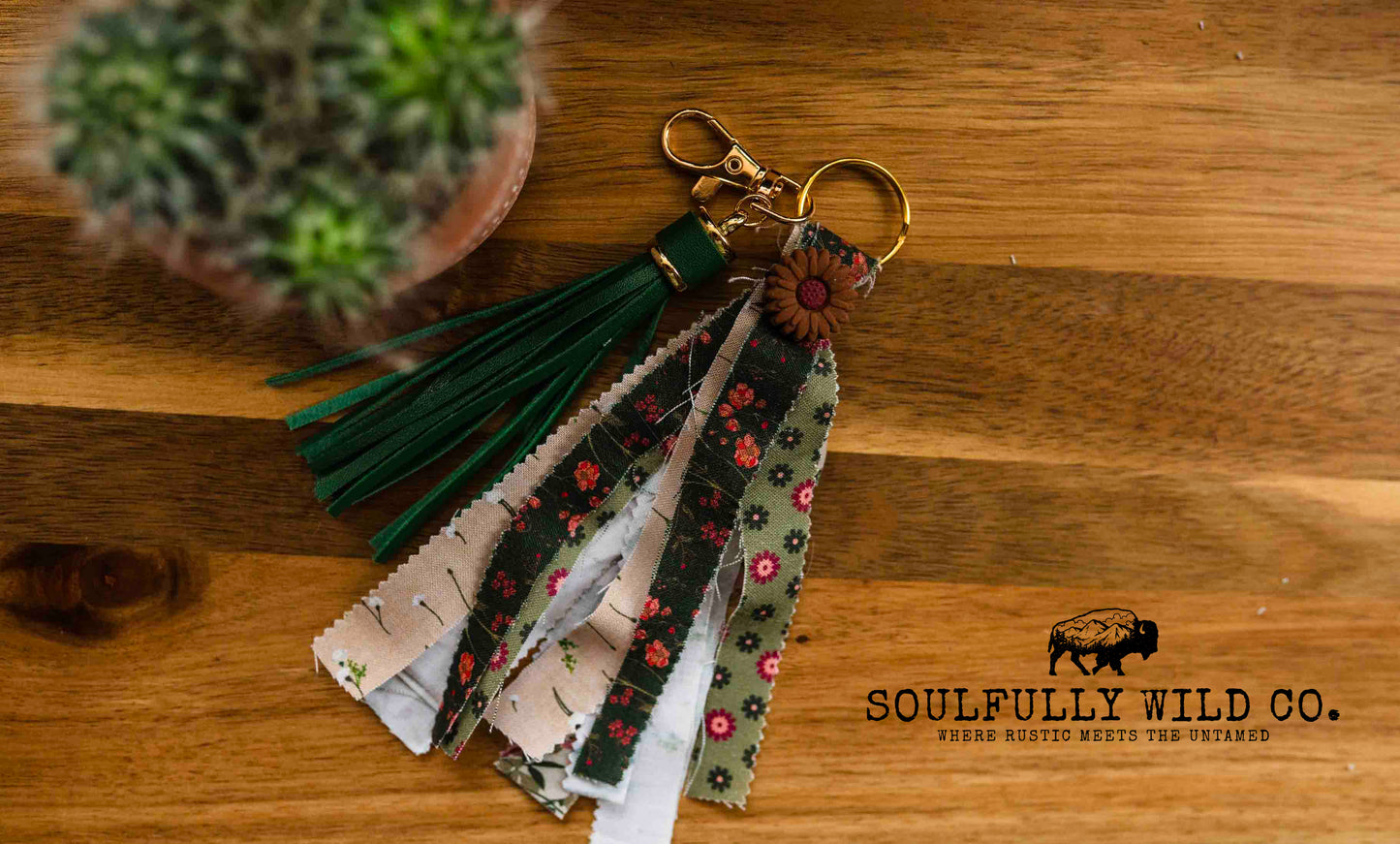 Wild Soul Keychain -  Green, Green Fabric with Brown Flower