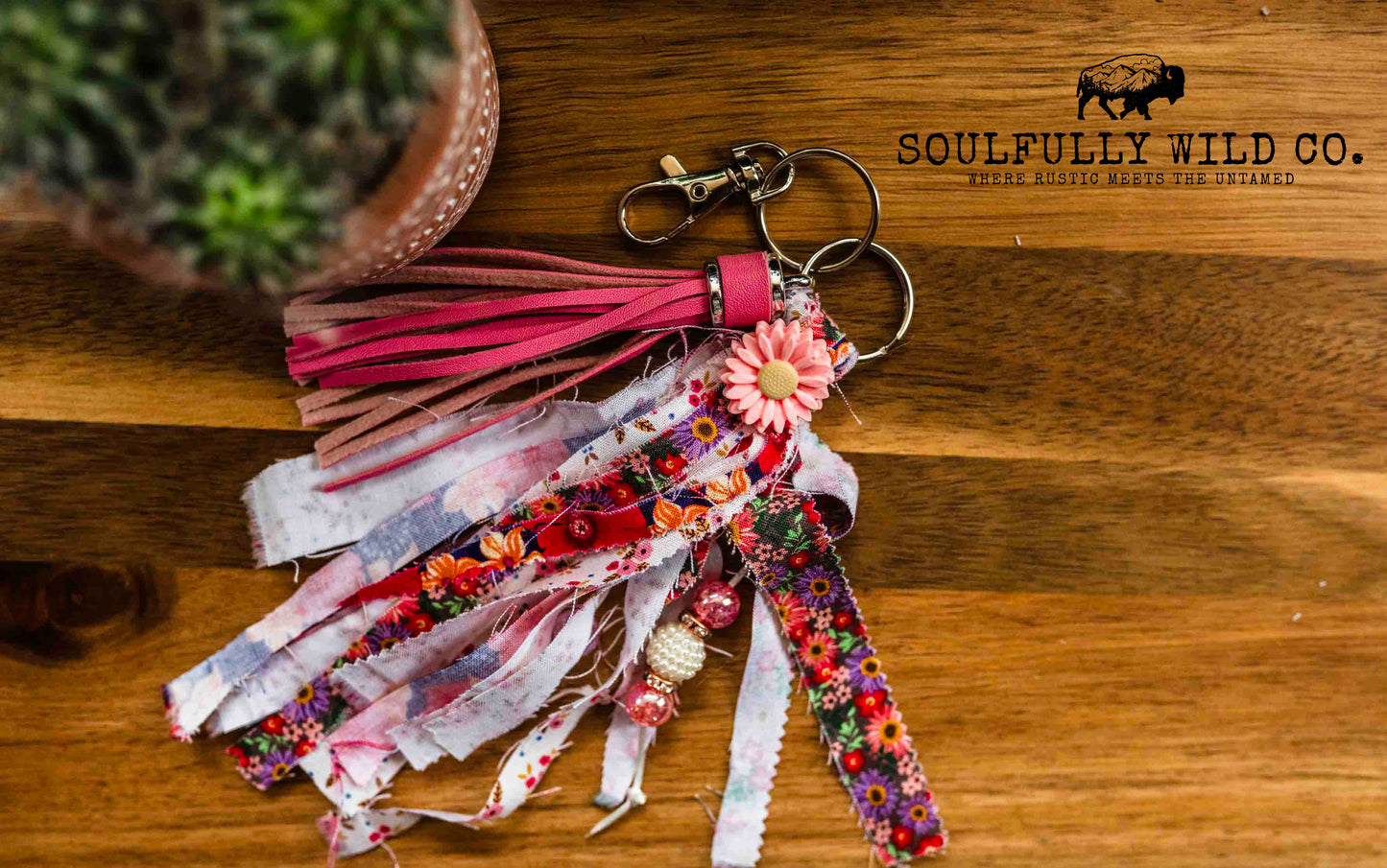 Wild Soul Keychain - Pink, Reds Fabric with Pink Flower
