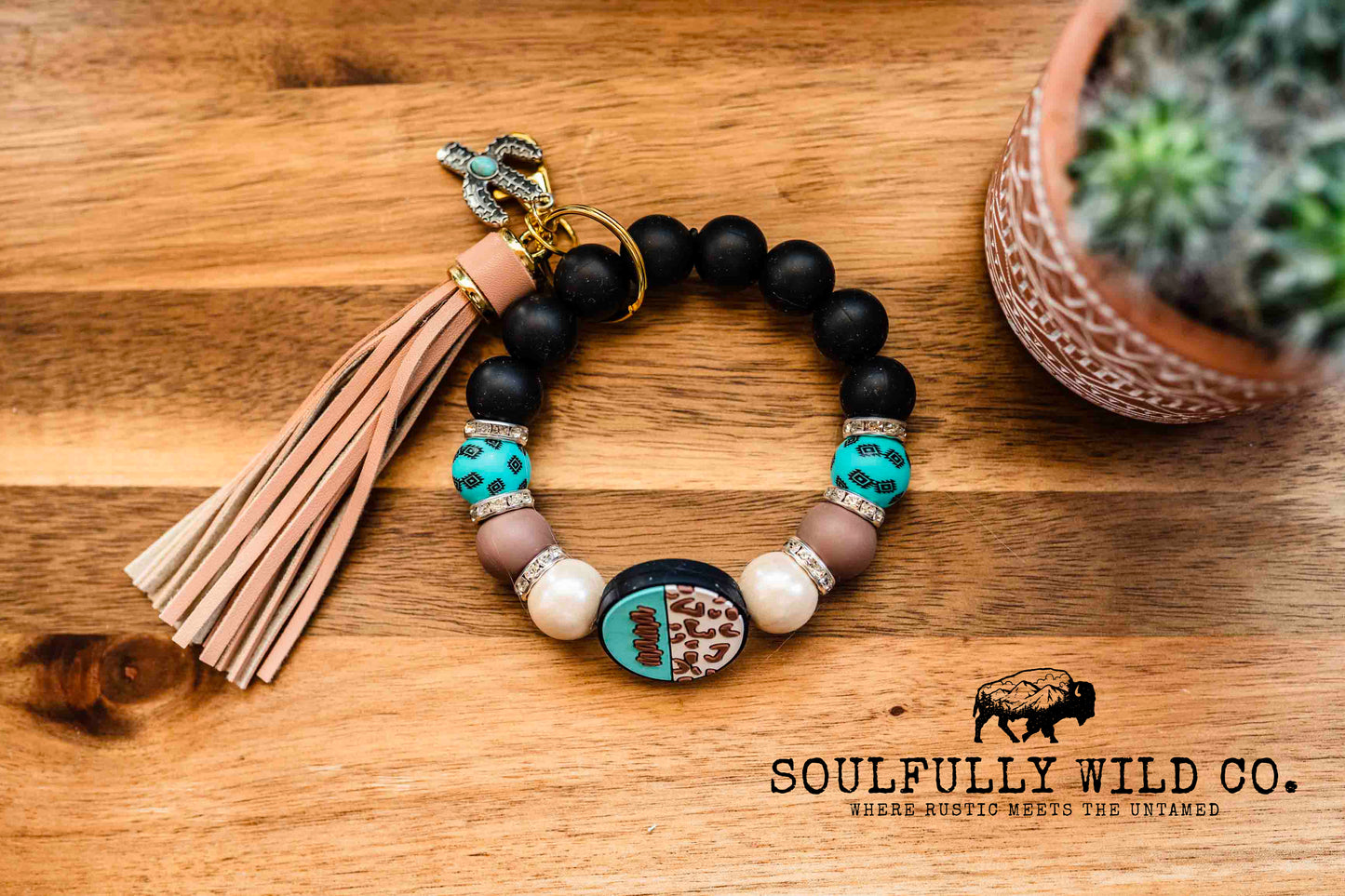 Wild Soul Keychain - Cow print, Black and Turquoise Aztec Mama Wristlet