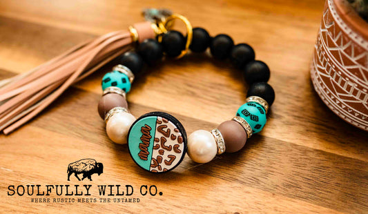 Wild Soul Keychain - Cow print, Black and Turquoise Aztec Mama Wristlet