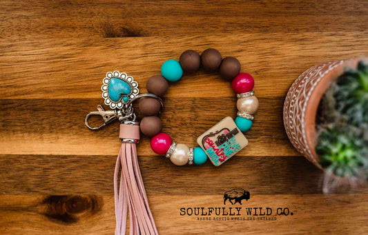 Wild Soul Keychain - Print, Brown, Turquoise Live Love Country Music Wristlet
