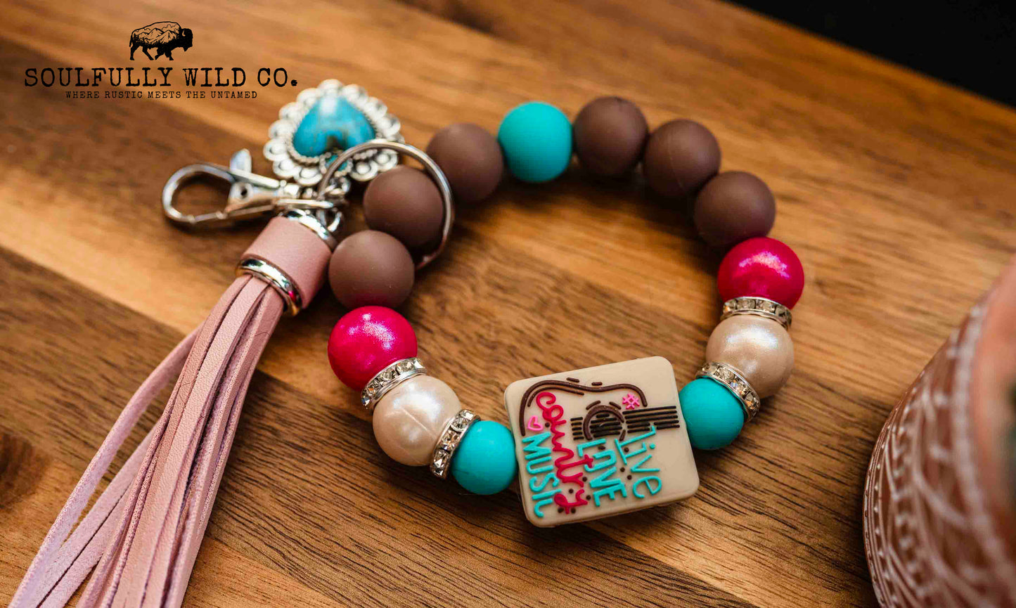 Wild Soul Keychain - Print, Brown, Turquoise Live Love Country Music Wristlet