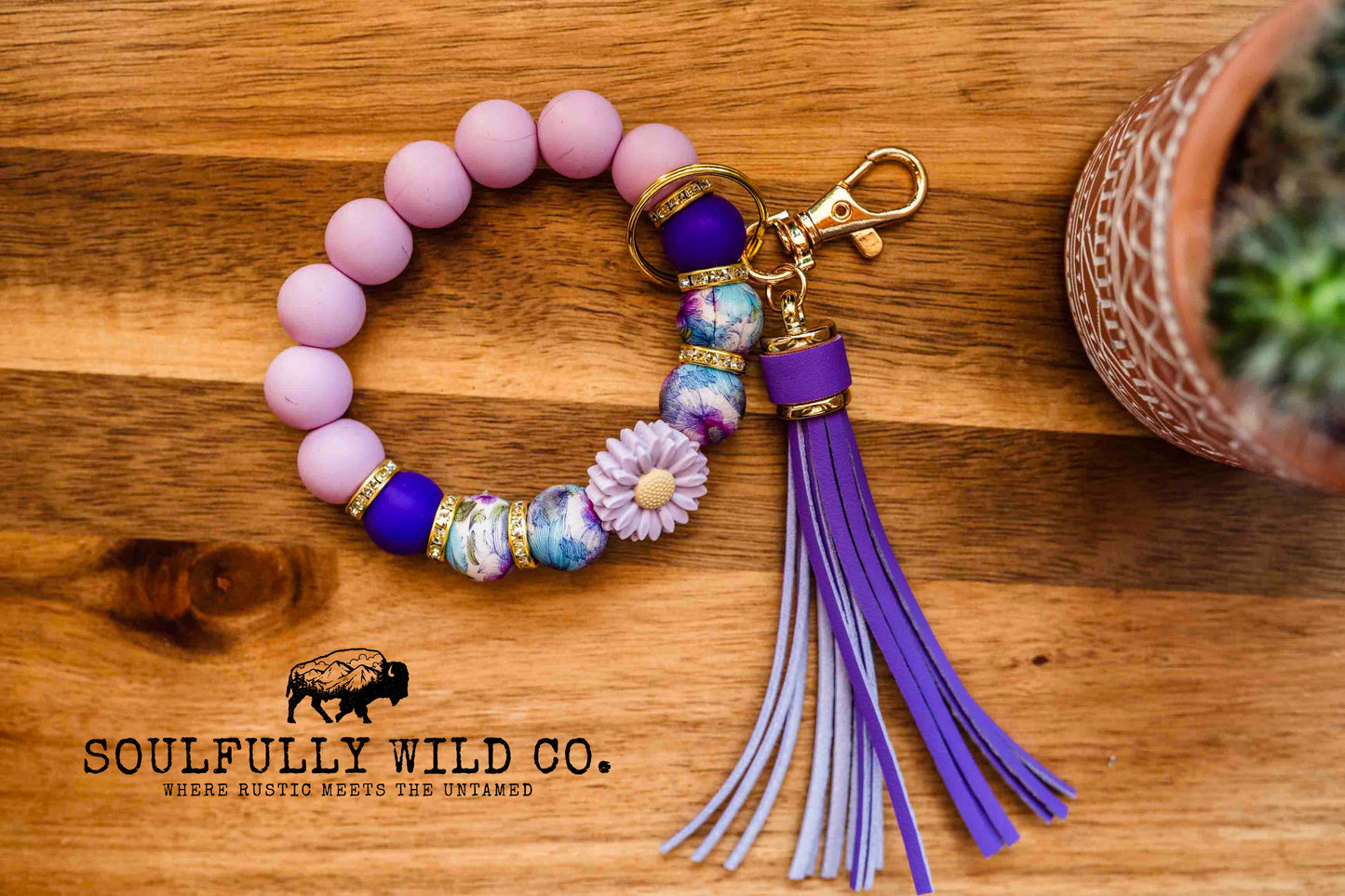 Wild Soul Keychain - Purple, Blue Flower Print, Purple Flower Wristlet