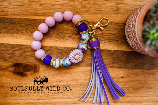 Wild Soul Keychain - Purple, Blue Flower Print, Purple Flower Wristlet