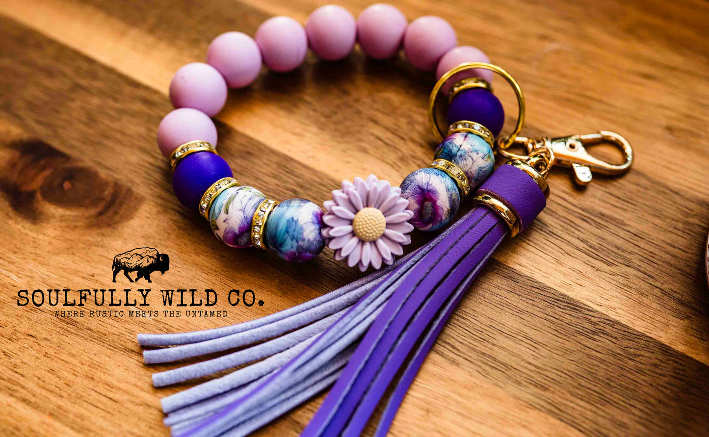 Wild Soul Keychain - Purple, Blue Flower Print, Purple Flower Wristlet
