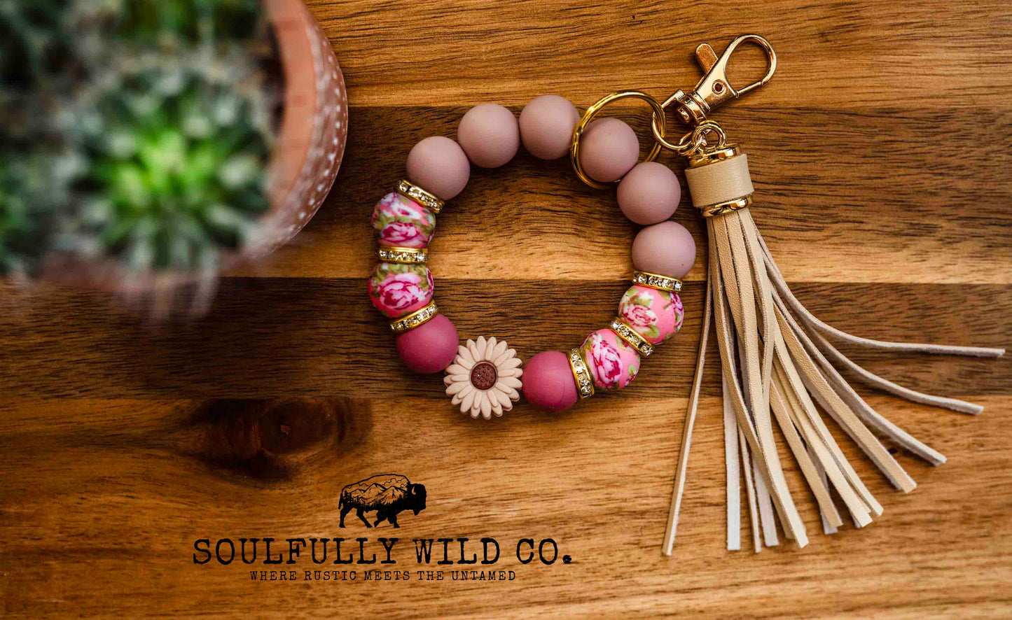 Wild Soul Keychain - Taupe, Tan, Pink, Flower print, Brown Flower Wristlet