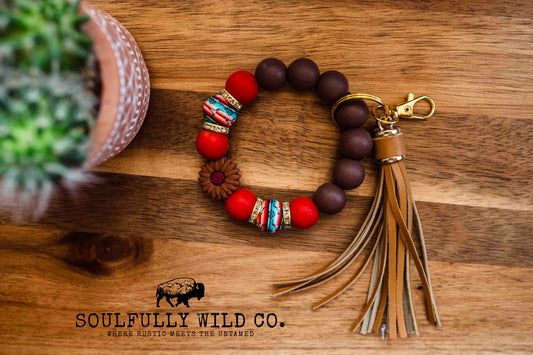 Wild Soul Keychain - Dark Brown, Red, Aztec Print, Brown Flower Wristlet