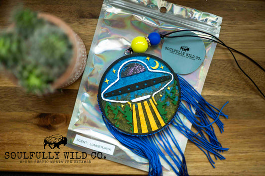Soulful Air Freshener: Green/Blue UFO BLUE FRINGE "Scent: Lumberjack"