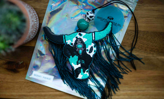 Soulful Air Freshener: Bullhead with Turquoise Stones/Black Fringe "Scent: Fierce"