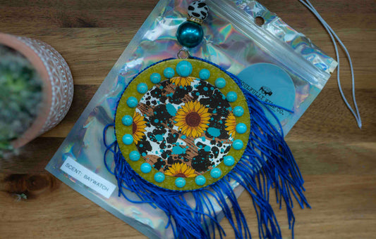 Soulful Air Freshener: Yellow Circle Sunflowers & Cow print with Blue Fringe