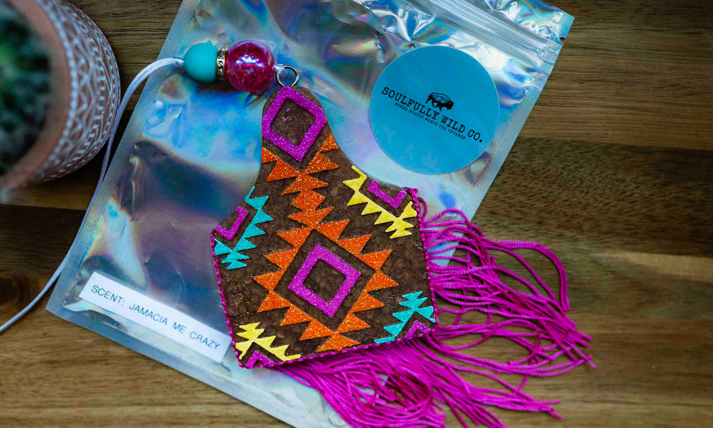 Soulful Air Freshener:  Copper Cow Tag with Aztec Deigns