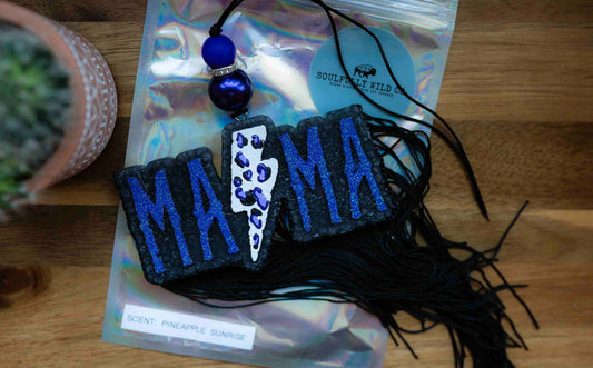 Soulful Air Freshener:  "Mama" with Lightning Bolt and Black Fringe