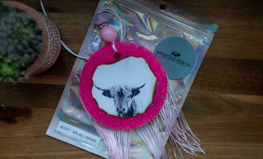 Soulful Air Freshener: Highland Cow Pink Circle with Pink Fringe