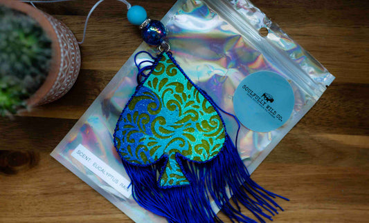 Soulful Air Freshener: Spade "Blues" with Blue Fringe Scent: Eucalyptus Rain