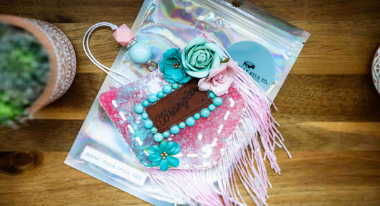 Soulful Air Freshener: "Wrangler Pocket" with Flowers, Light Pink Fringe, Turquoise Stones