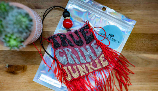 Soulful Air Freshener: "True Crime Junkie" Red, Black, Silver and Gold with Red Fringe