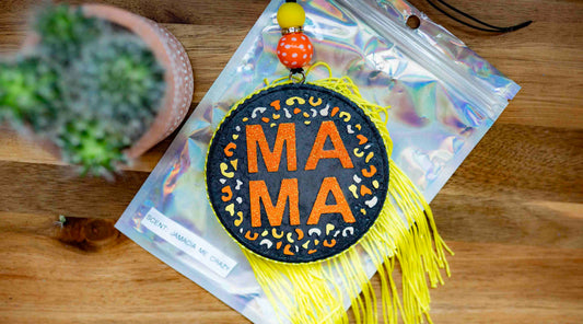 Soulful Air Freshener:  "Mama" Circle with Yellow Fringe