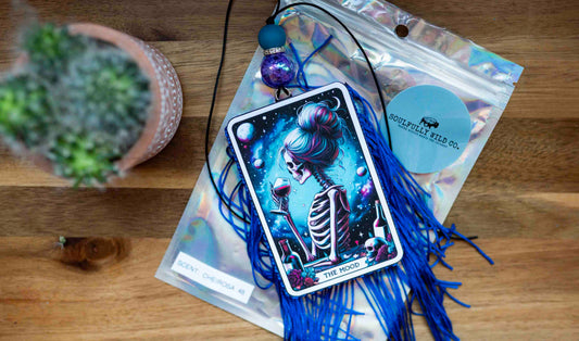 Soulful Air Freshener: "The Mood" Skelton Girl Wine Glass with Blue Fringe