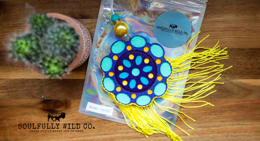 Soulful Air Freshener: Concho Design, Purple, Turquoise and Yellow with Yellow Fringe