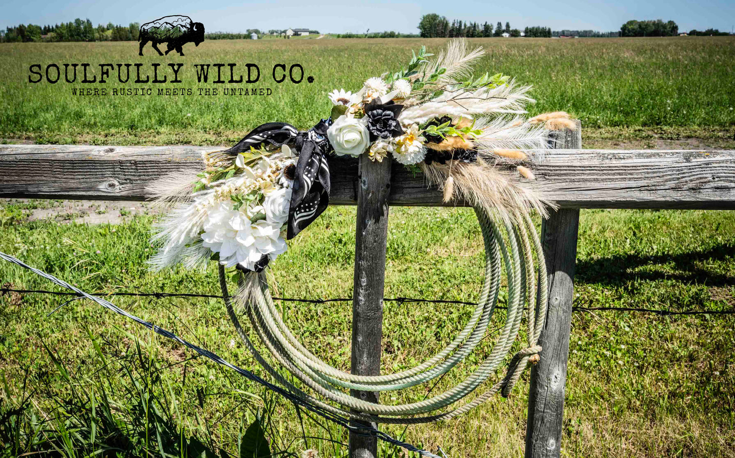 Western Soulful Rope Wreath - White, Tan, Black and Black Bandana