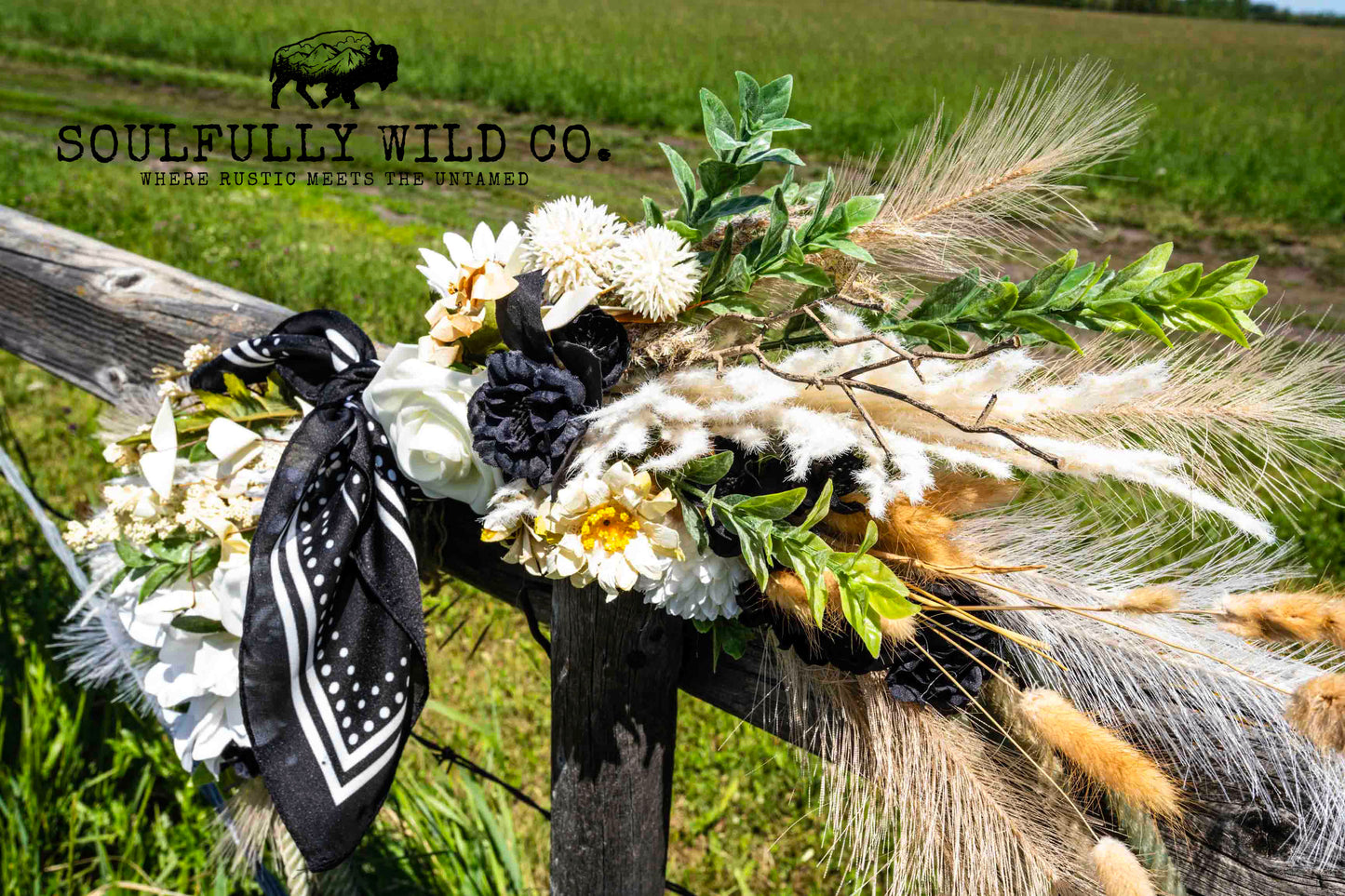 Western Soulful Rope Wreath - White, Tan, Black and Black Bandana