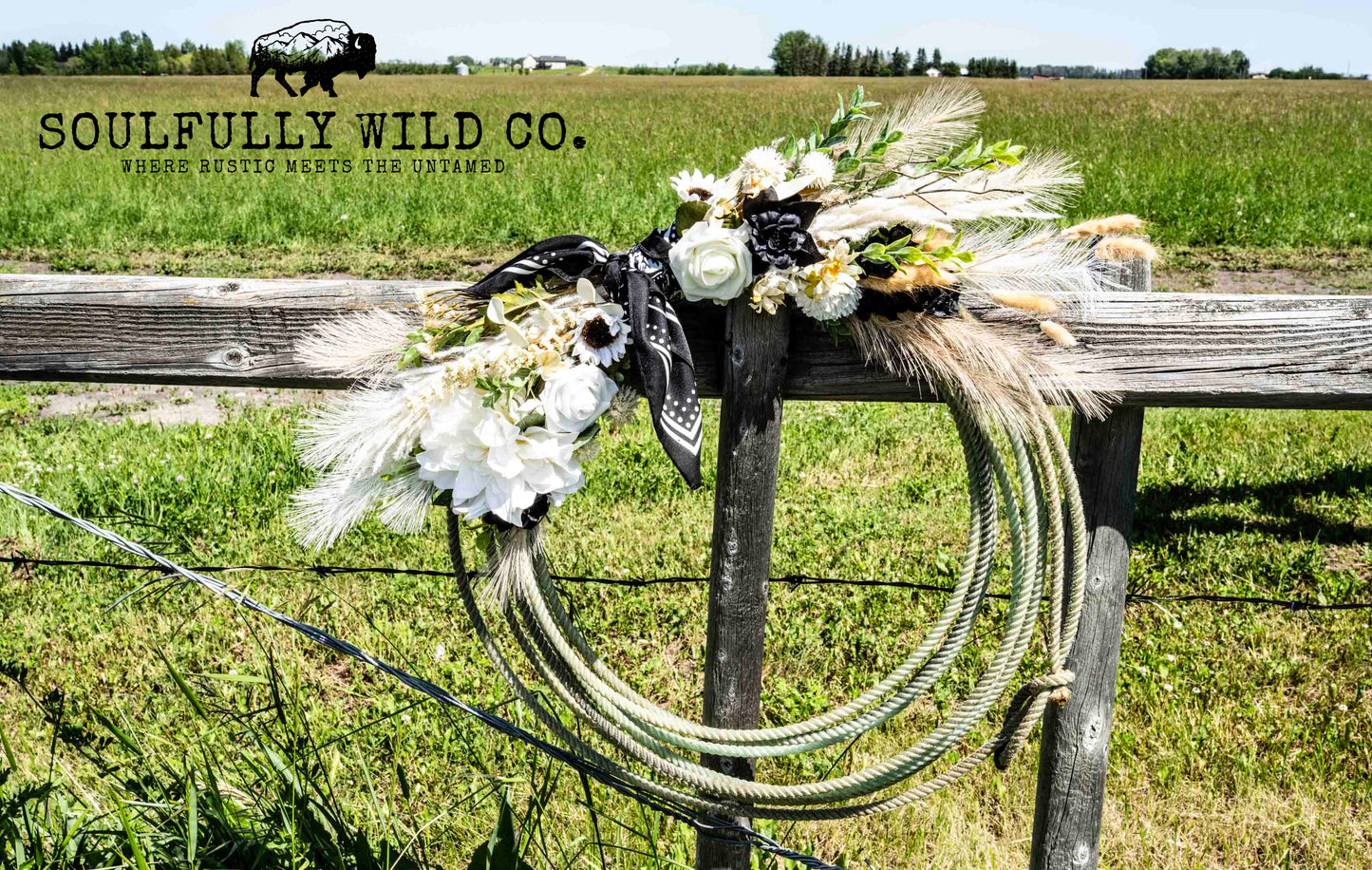 Western Soulful Rope Wreath - White, Tan, Black and Black Bandana