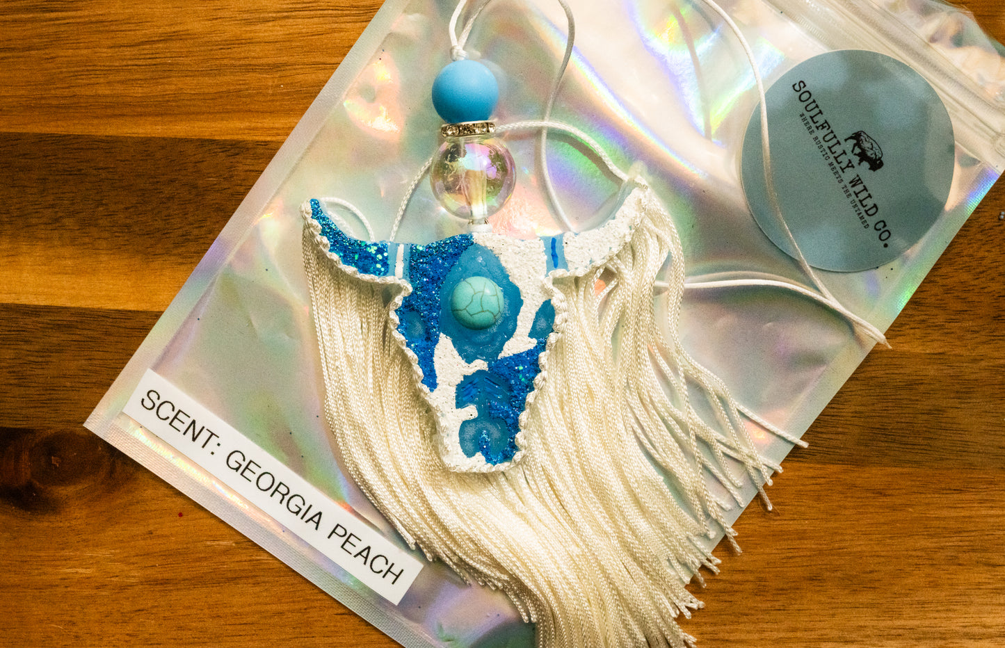 Soulful Air Freshener: Mini Bullhead - Blue & White with Turquoise Stone (Scent: Georgia Peach)