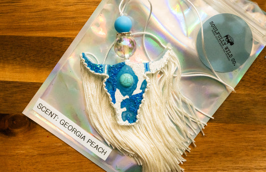 Soulful Air Freshener: Mini Bullhead - Blue & White with Turquoise Stone (Scent: Georgia Peach)