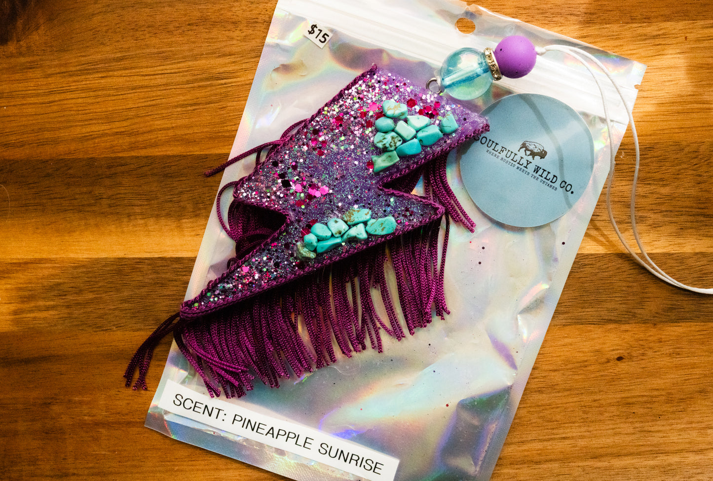 Soulful Air Freshener: Purple Lightning Bolt with Turquoise Stones (Scent: Pineapple Sunrise)