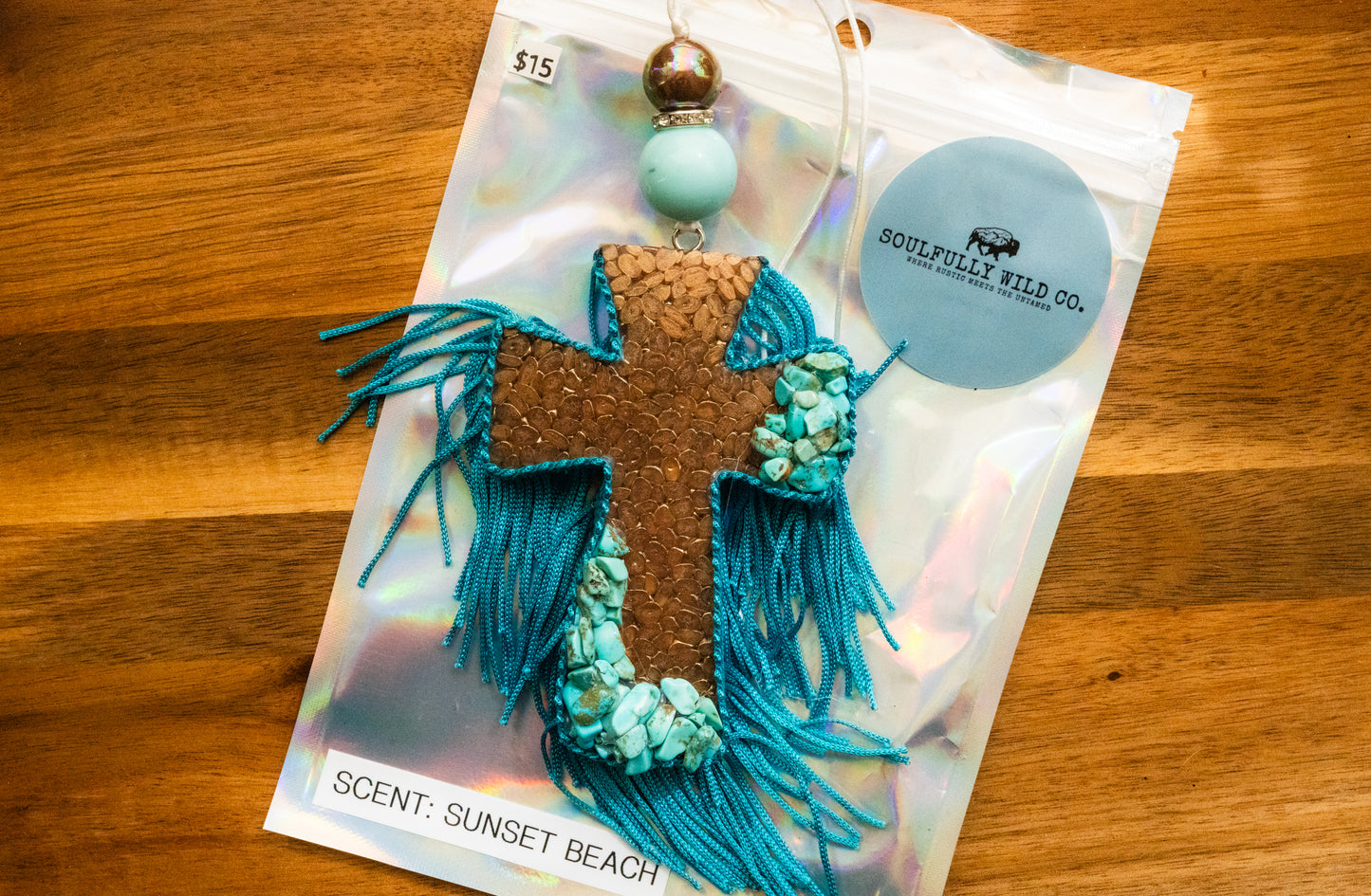 Soulful Air Freshener: Bronze Cross with Turquoise Stones (Scent: Sunset Beach)