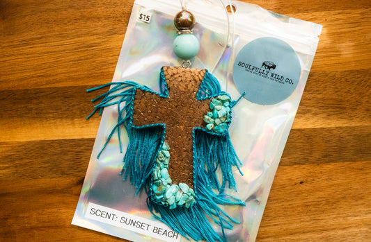Soulful Air Freshener: Bronze Cross with Turquoise Stones (Scent: Sunset Beach)