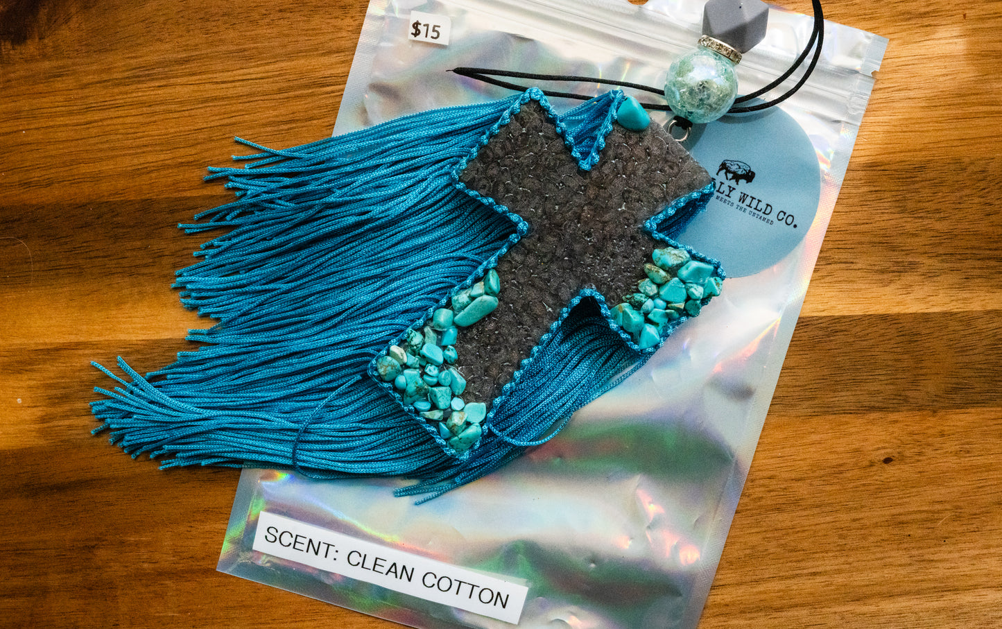Soulful Air Freshener: Black Cross with Turquoise Stones (Scent: Clean Cotton)