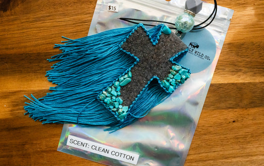 Soulful Air Freshener: Black Cross with Turquoise Stones (Scent: Clean Cotton)