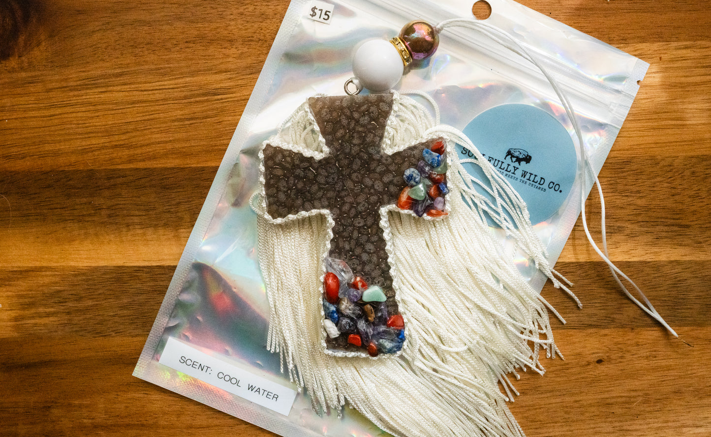 Soulful Air Freshener: Brown Cross with Stones (Scent: Cool Water)