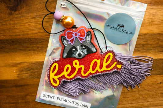 Soulful Air Freshener: Feral Raccoon - Red, Purple and Yellow (Scent: Eucalyptus Rain)