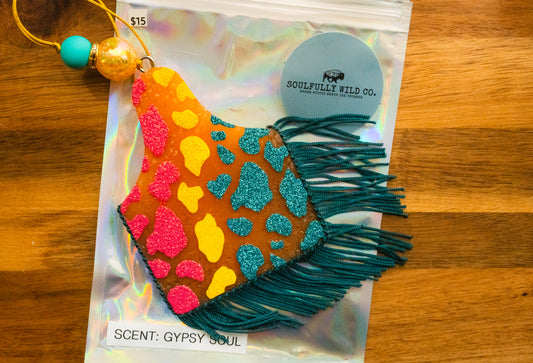Soulful Air Freshener: Ear Tag Cow Print - Teal/Pink/Yellow and Orange (Scent: Gypsy Soul)