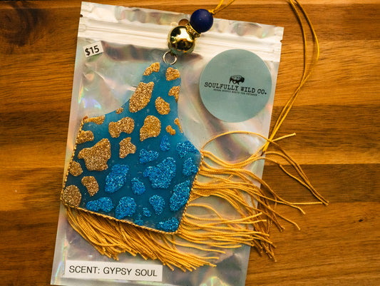 Soulful Air Freshener: Ear Tag Cow Print - Blue & Gold (Scent: Gypsy Soul)
