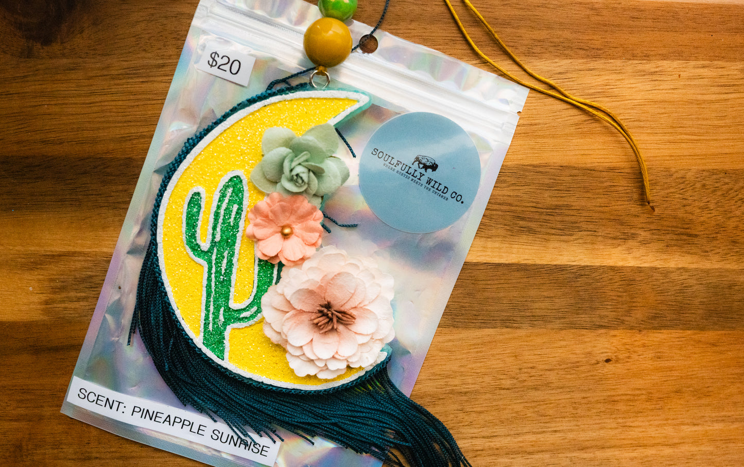 Soulful Air Freshener: Cactus & Moon with Flowers (Scent: Pineapple Sunrise)