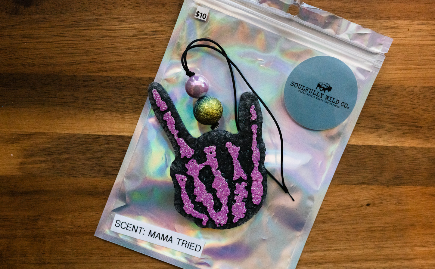 Soulful Air Freshener: Skelton Hand Black/Purple (Scent: Mama Tried)
