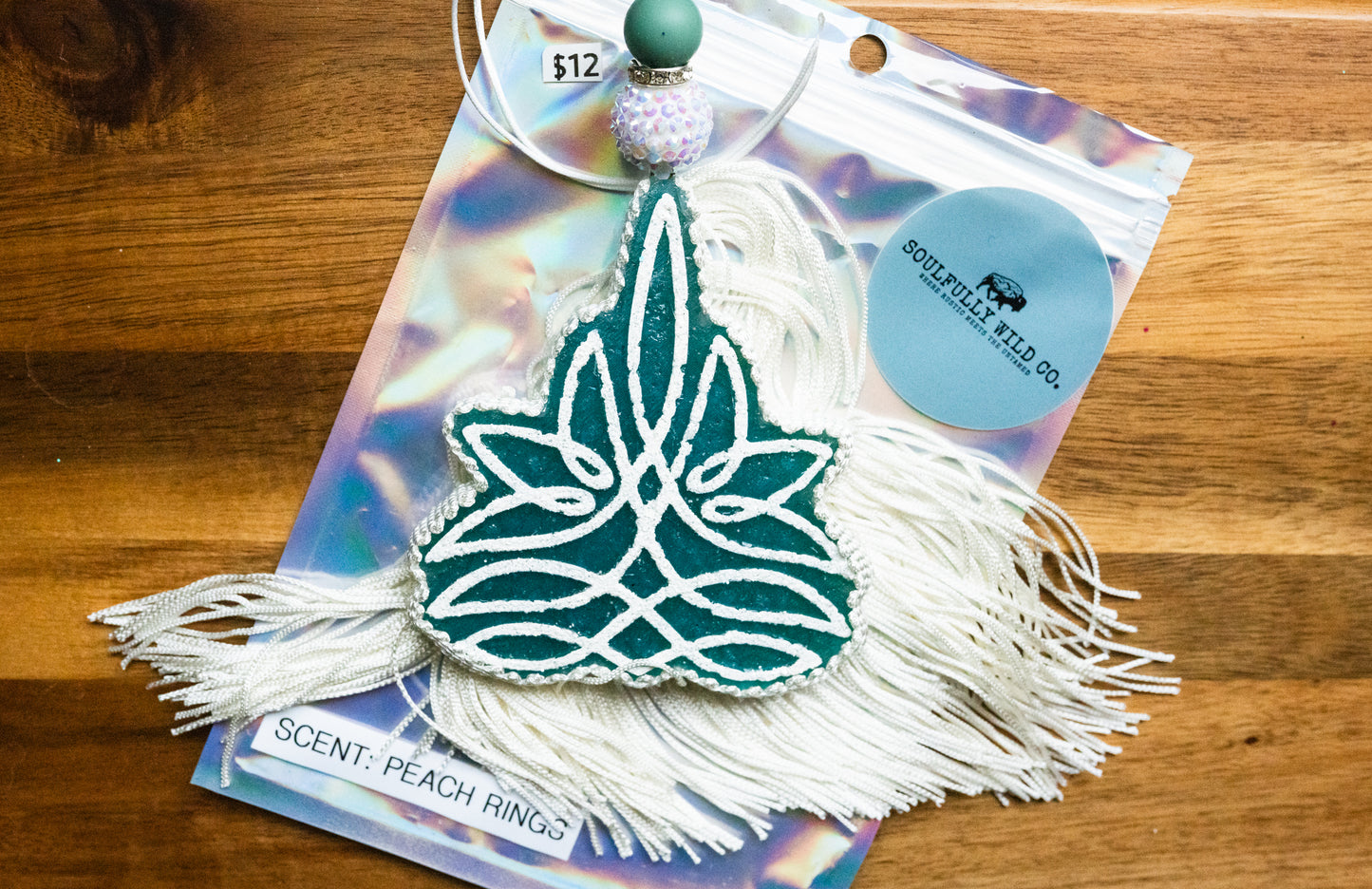 Soulful Air Freshener: Boot Stitch White/Teal (Scent: Peach Rings)