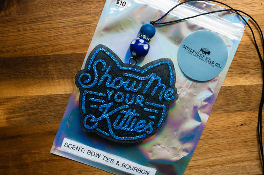 Soulful Air Freshener: "Show Me Your Kitties" Black/Blue (Scent: Bow Ties & Bourbon)