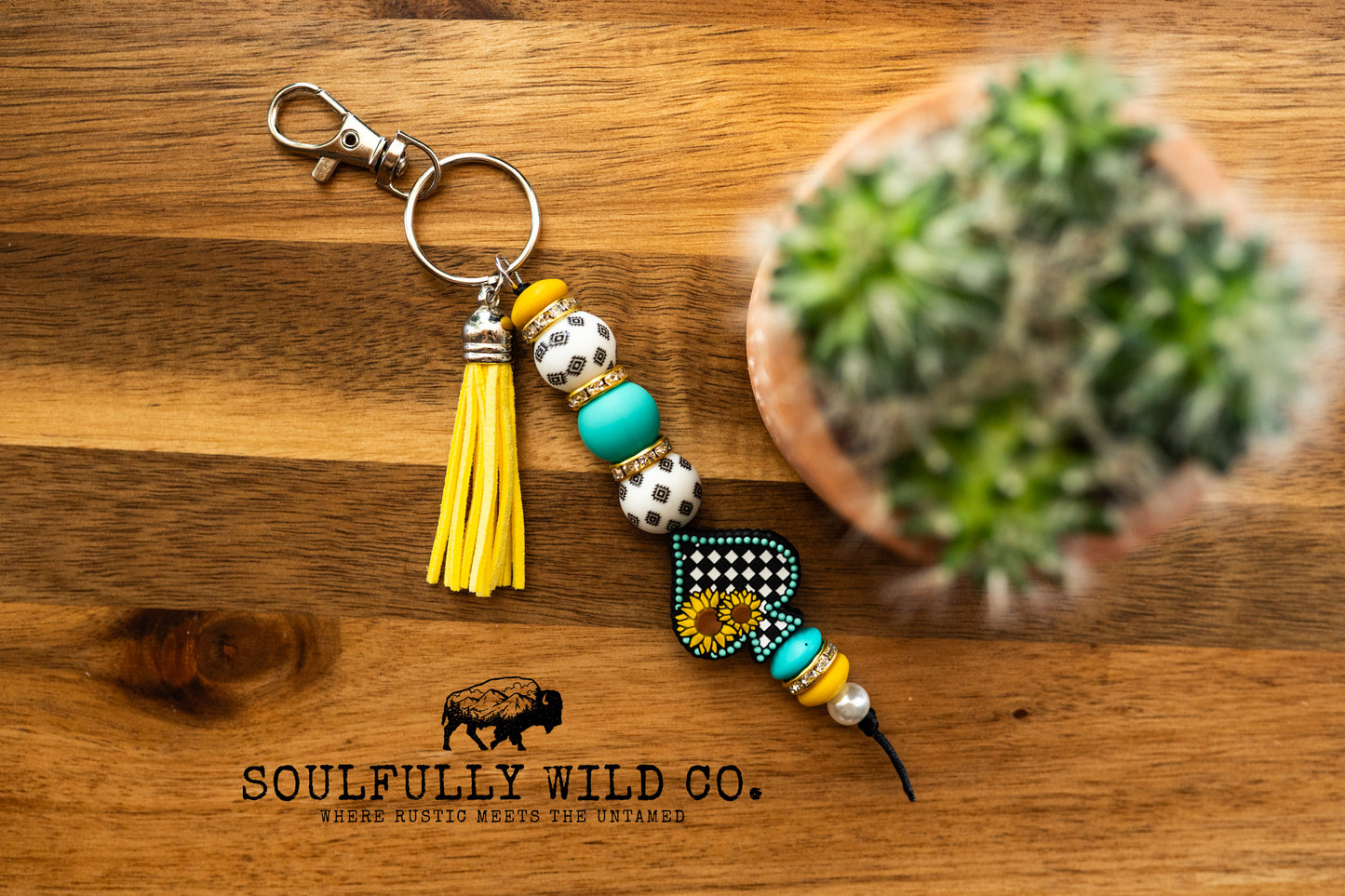 Wild Soul Keychain -  Spade and Sunflowers, Aztec Yellow and Turquoise Beads with Yellow Tassel