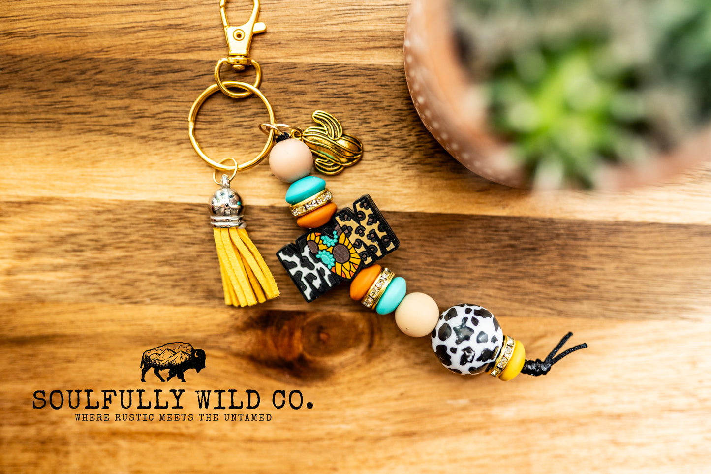 Wild Soul Keychain - "Mom" Animal Print, Orange, Turquoise, Pink and Yellow Yellow Tassel