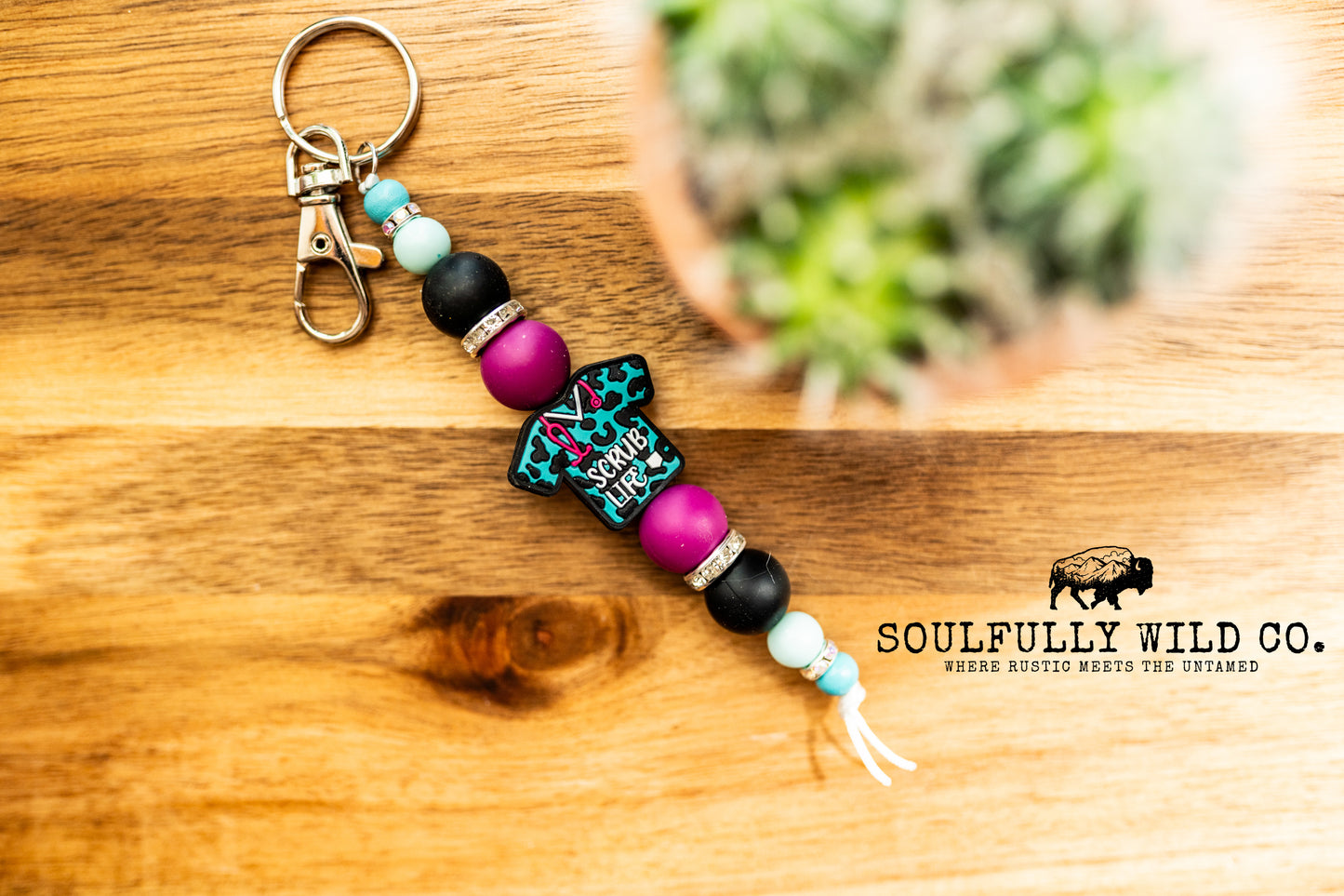Wild Soul Keychain - "Scrub Life" Turquoise, Black and Print