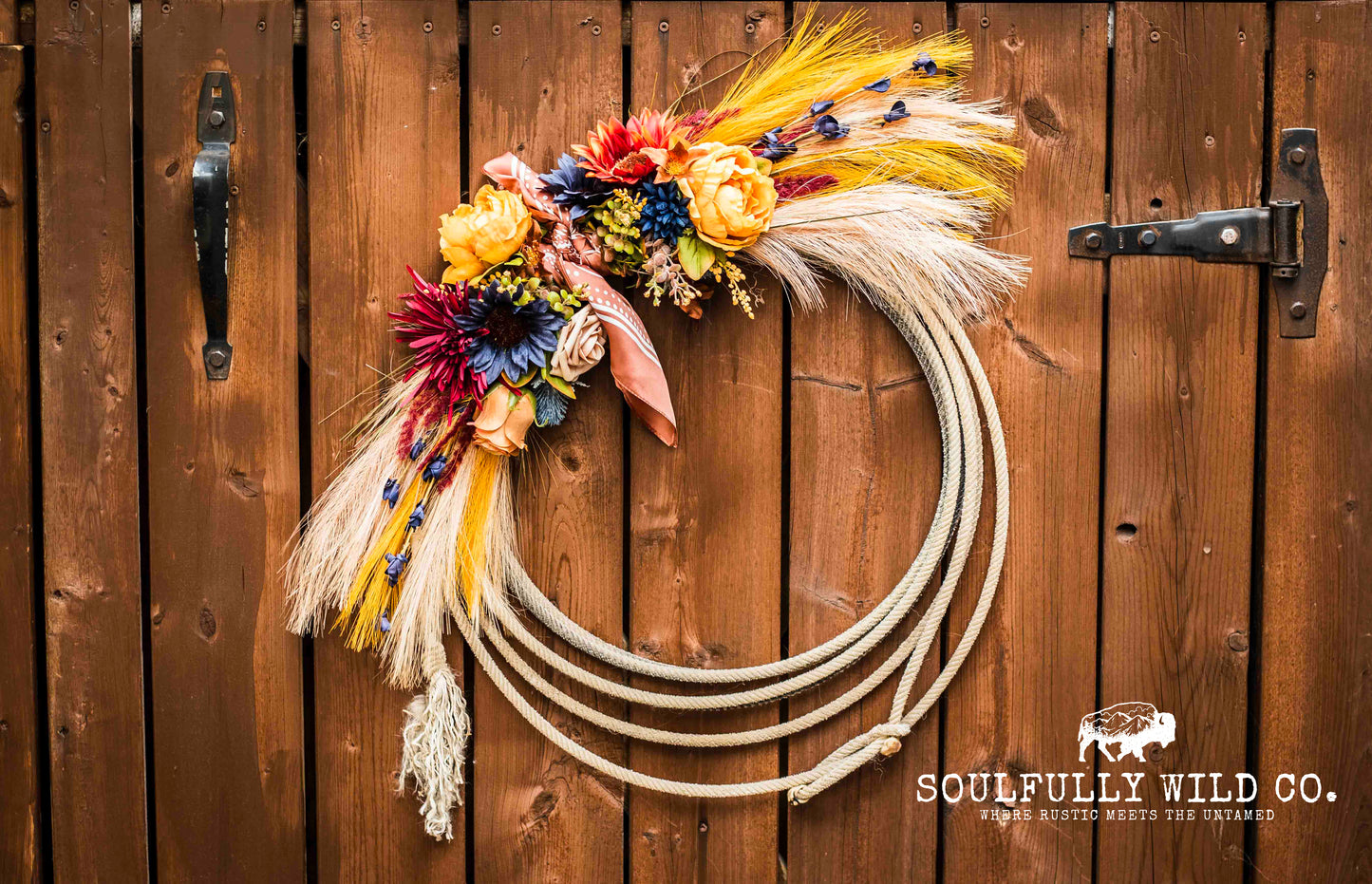 Western Soulful Rope Wreath - Fall Blue, Burgundy, Orange and Yellow