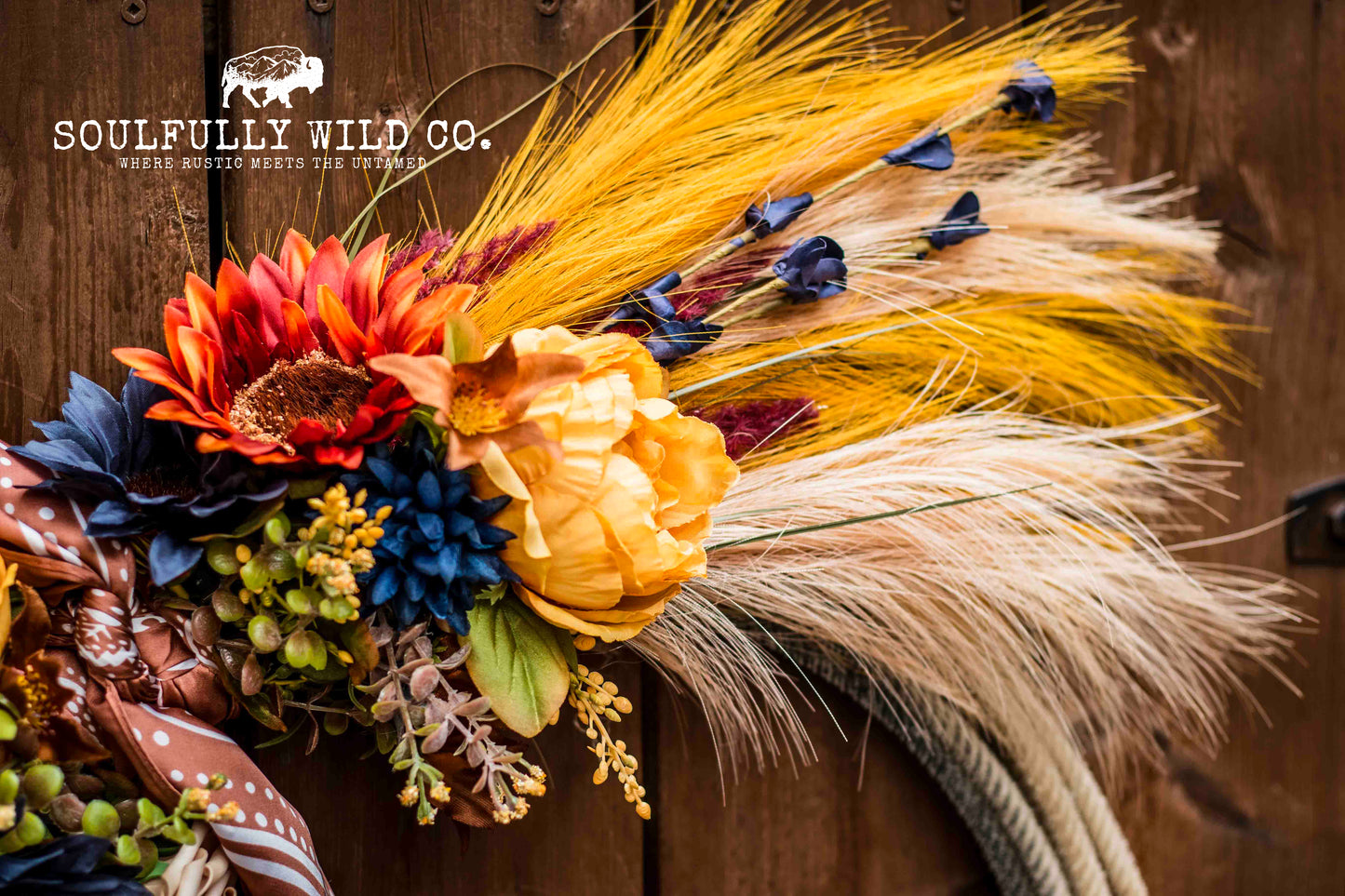 Western Soulful Rope Wreath - Fall Blue, Burgundy, Orange and Yellow