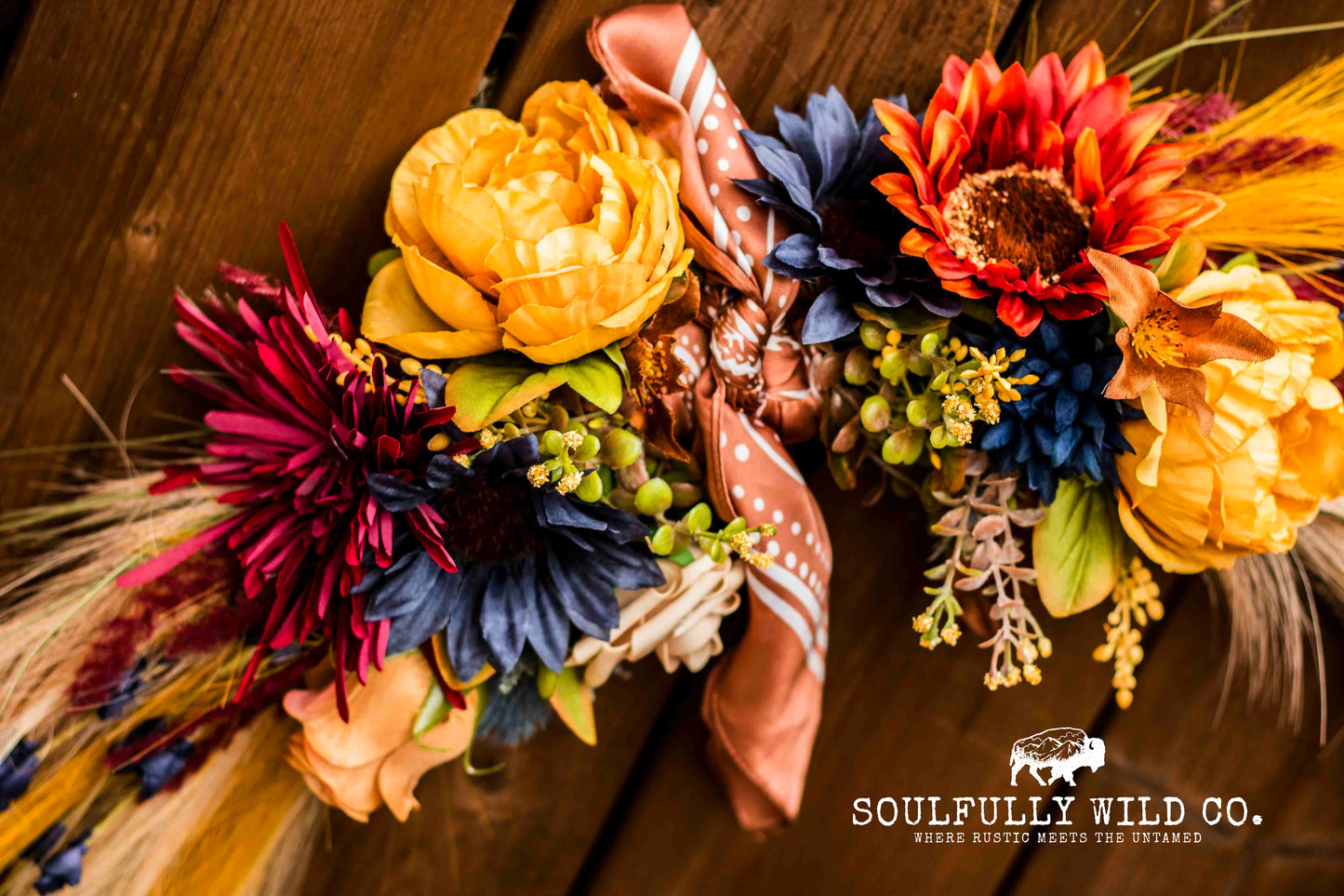 Western Soulful Rope Wreath - Fall Blue, Burgundy, Orange and Yellow