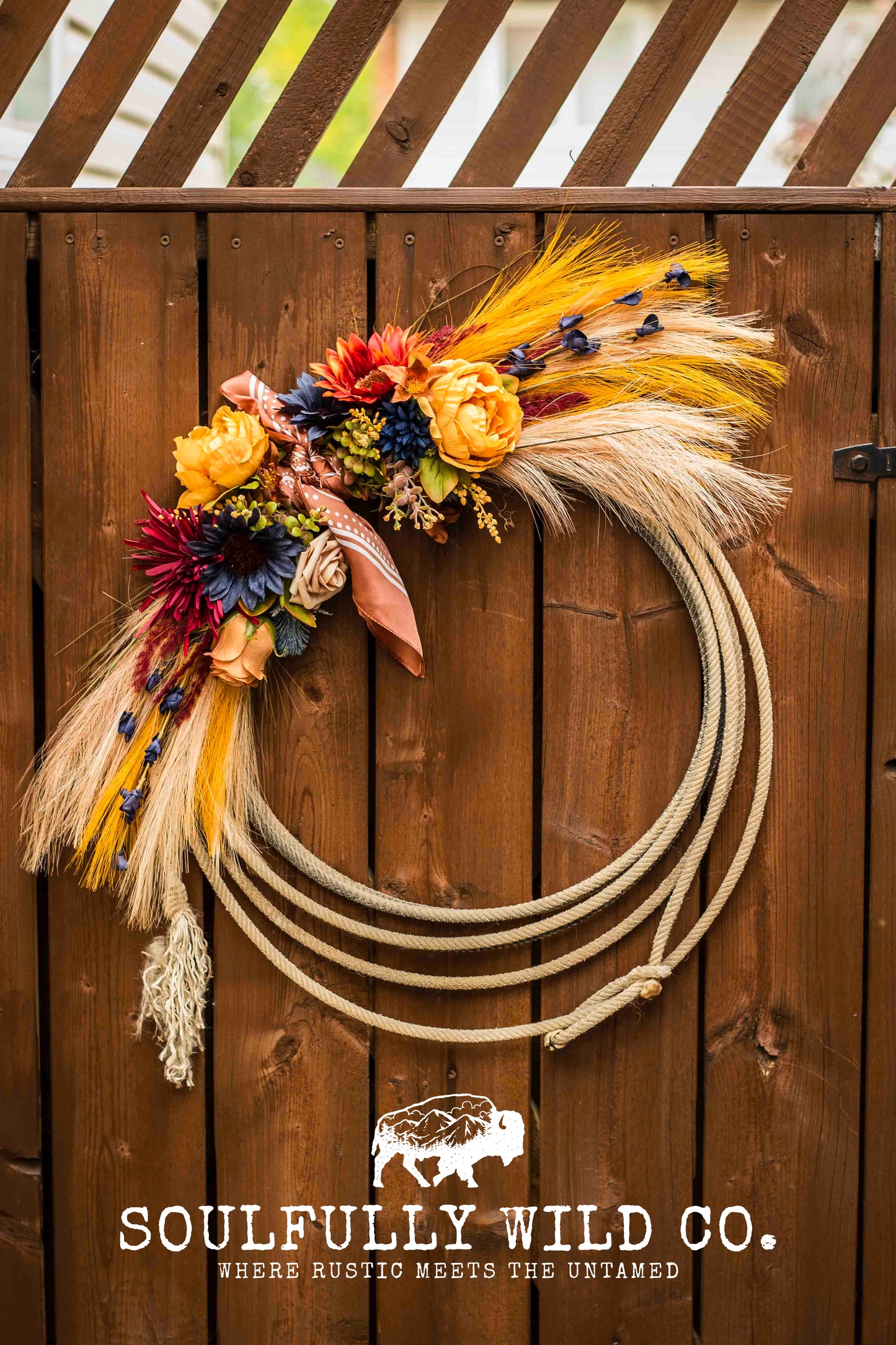 Western Soulful Rope Wreath - Fall Blue, Burgundy, Orange and Yellow