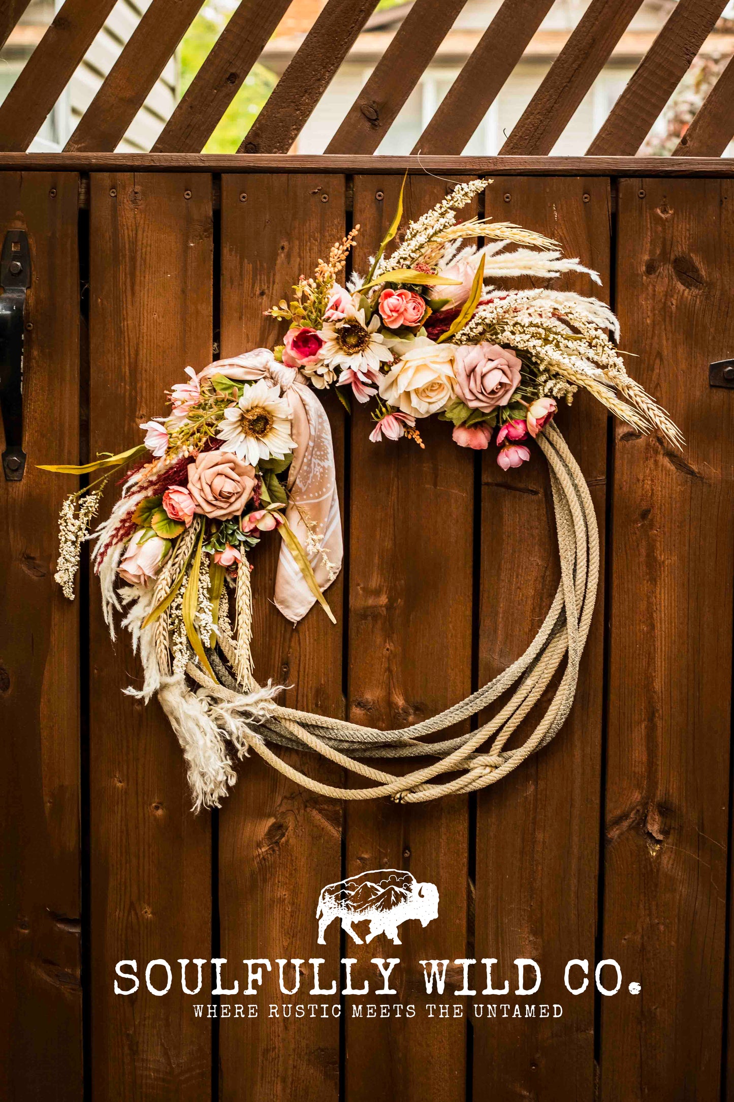 Western Soulful Rope Wreath - Wheat, Pink, White, Off White