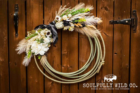 Western Soulful Rope Wreath - White, Tan, Black and Black Bandana